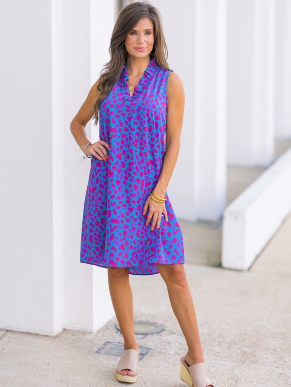 Sleeveless Blue and Pink Leopard Print Mini Dress